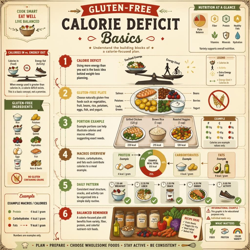 Vintage cookbook-style infographic poster with 6 gluten-free calorie deficit panels, arrows, plate diagrams, macros chart, and icons.