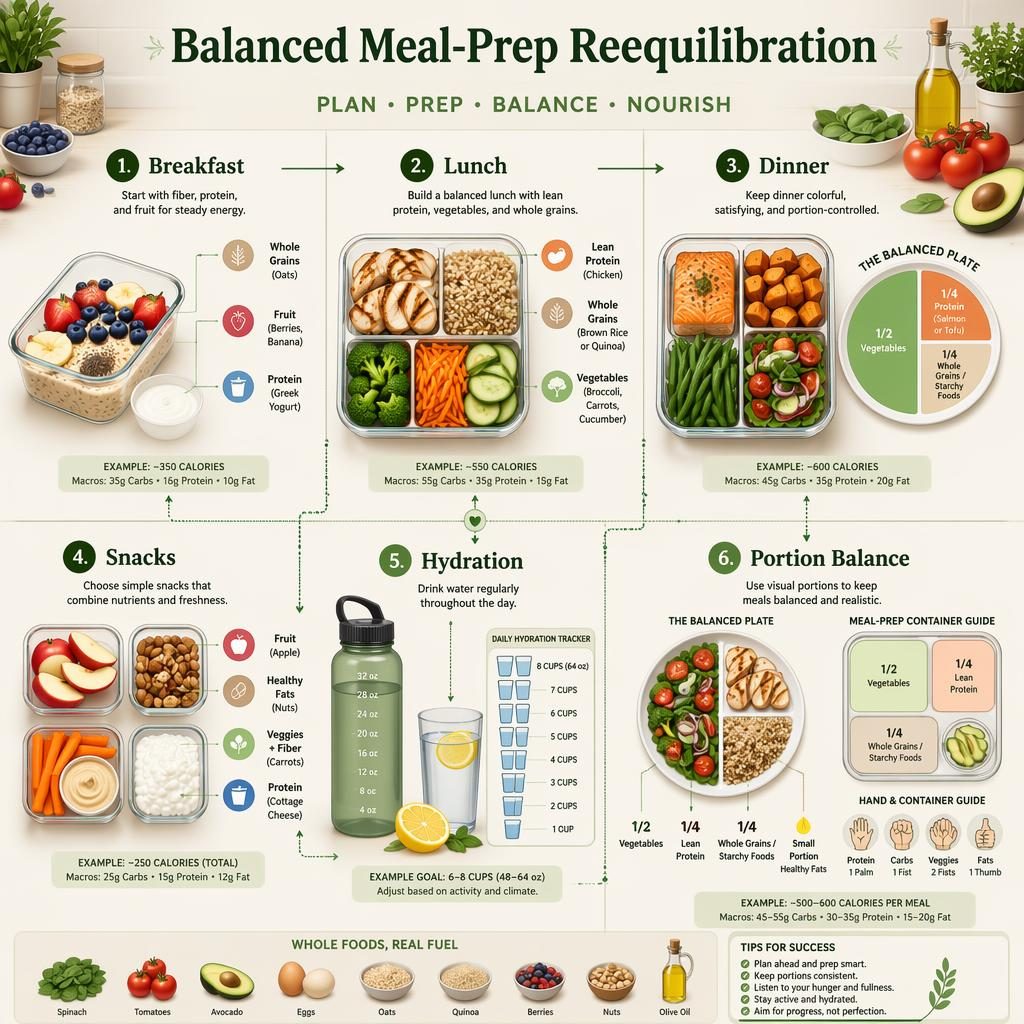 Affiche infographique verticale sur le rééquilibrage alimentaire avec 6 sections repas, collations, hydratation et portions.