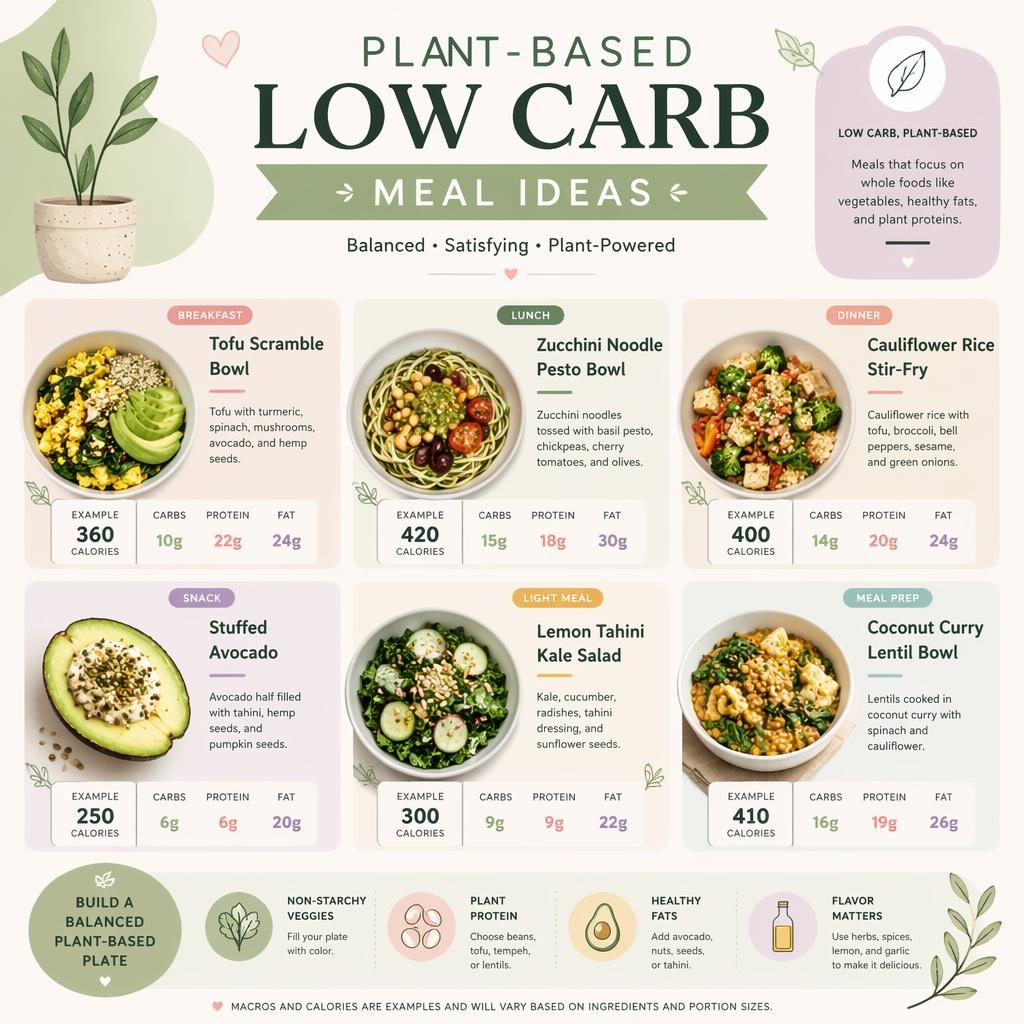 Pastel Pinterest-style nutrition infographic showing low carb plant-based meal ideas with example macros and calories.