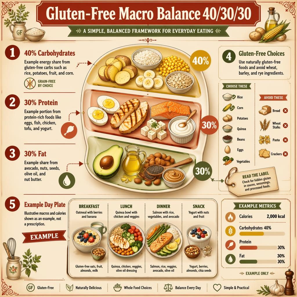 Póster infográfico vertical sobre macros sin gluten 40/30/30 con 5 pasos, platos divididos, flechas y panel comparativo.