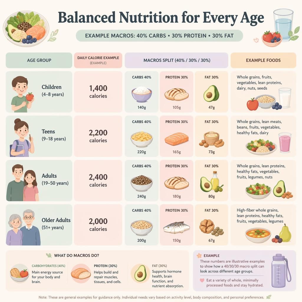 Pastel nutrition infographic showing an example 40 30 30 macro split with illustrated food icons, calorie sections, and soft Pinterest-style layout.