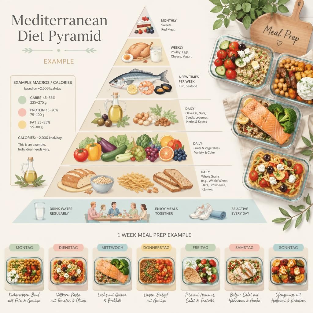 Nutrition infographic: mediterranean diet pyramid. Diet focus: mediterranean. Style: pinterest pastel, pastel soft palet