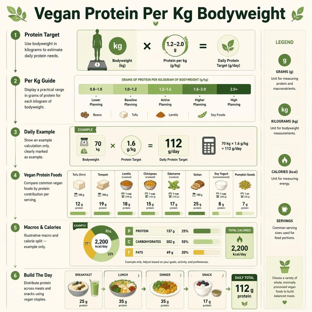 Infografía vertical vegana con 6 secciones: fórmula por kg, rango de proteína, ejemplo diario, alimentos, macros y comidas.