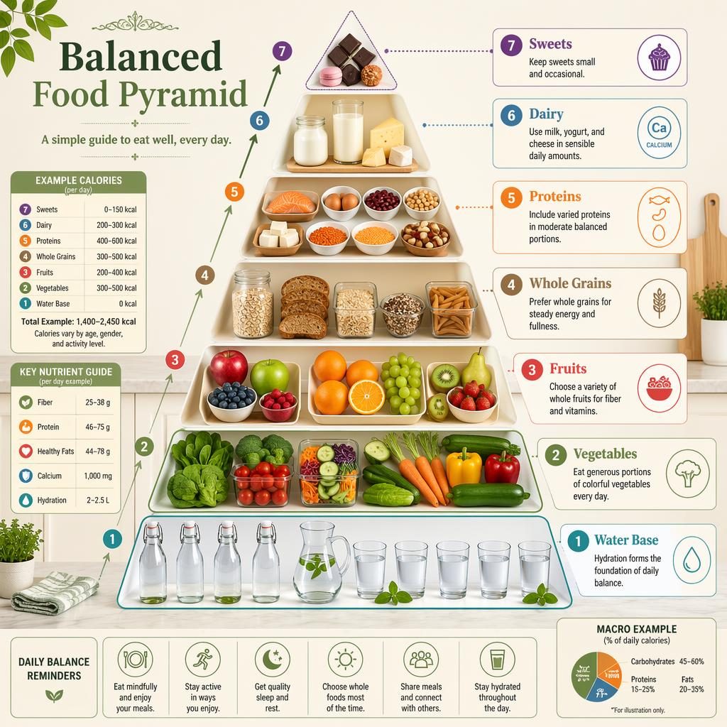 Affiche infographique en portrait d’une pyramide alimentaire sur un plan de cuisine, avec eau, légumes, fruits, céréales, protéines, produits laitiers et douceurs.