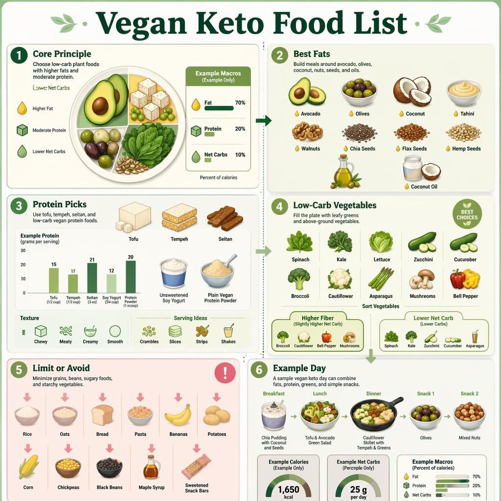 Portrait vegan keto food list healthy diet infographic with 6 green dashboard cards, arrows, food icons, and example macros.