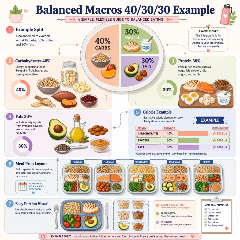 Pastellfarbene Ernährungsinfografik mit Makro-Teller 40/30/30, Lebensmittel-Icons, Wochenraster und Meal-Prep-Boxen.
