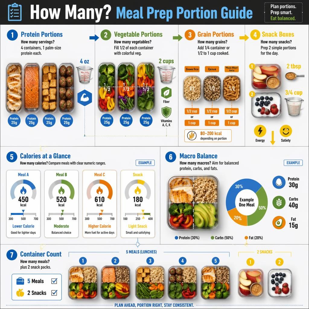 Porträttinfografik uppifrån med portionsguide för protein, grönsaker, spannmål, snacks, kalorier och makron.