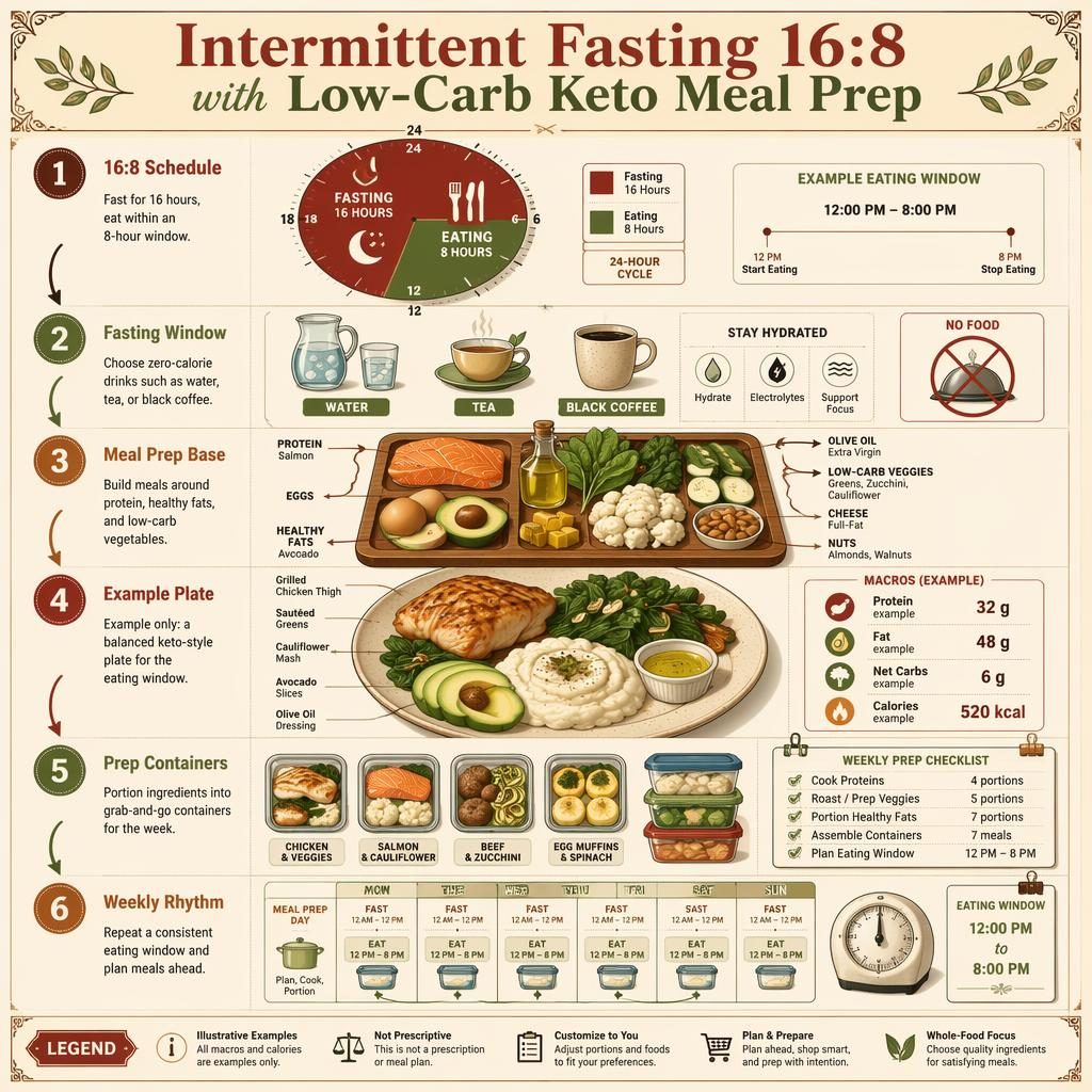 Portrait infographic showing a 6-step 16:8 keto meal prep flow with clock, drinks, ingredients, example plate, containers, and planner.