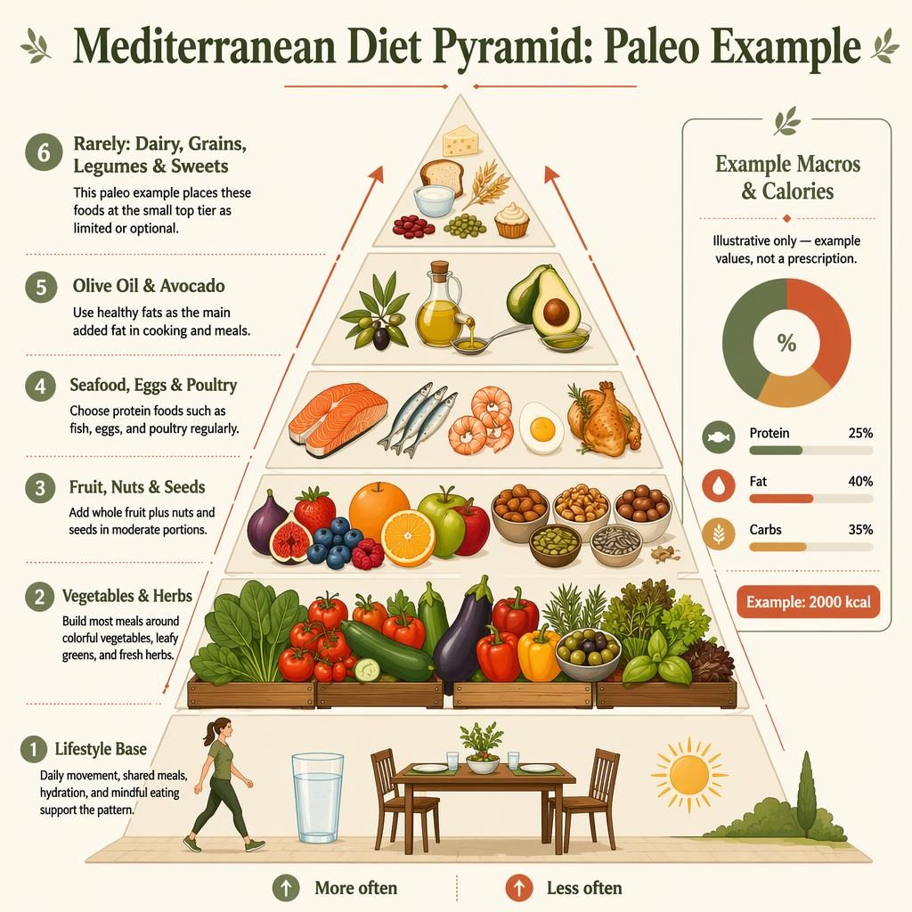 Affiche infographie nutrition en portrait, pyramide méditerranéenne paléo à 6 niveaux avec panneau macros et calories.