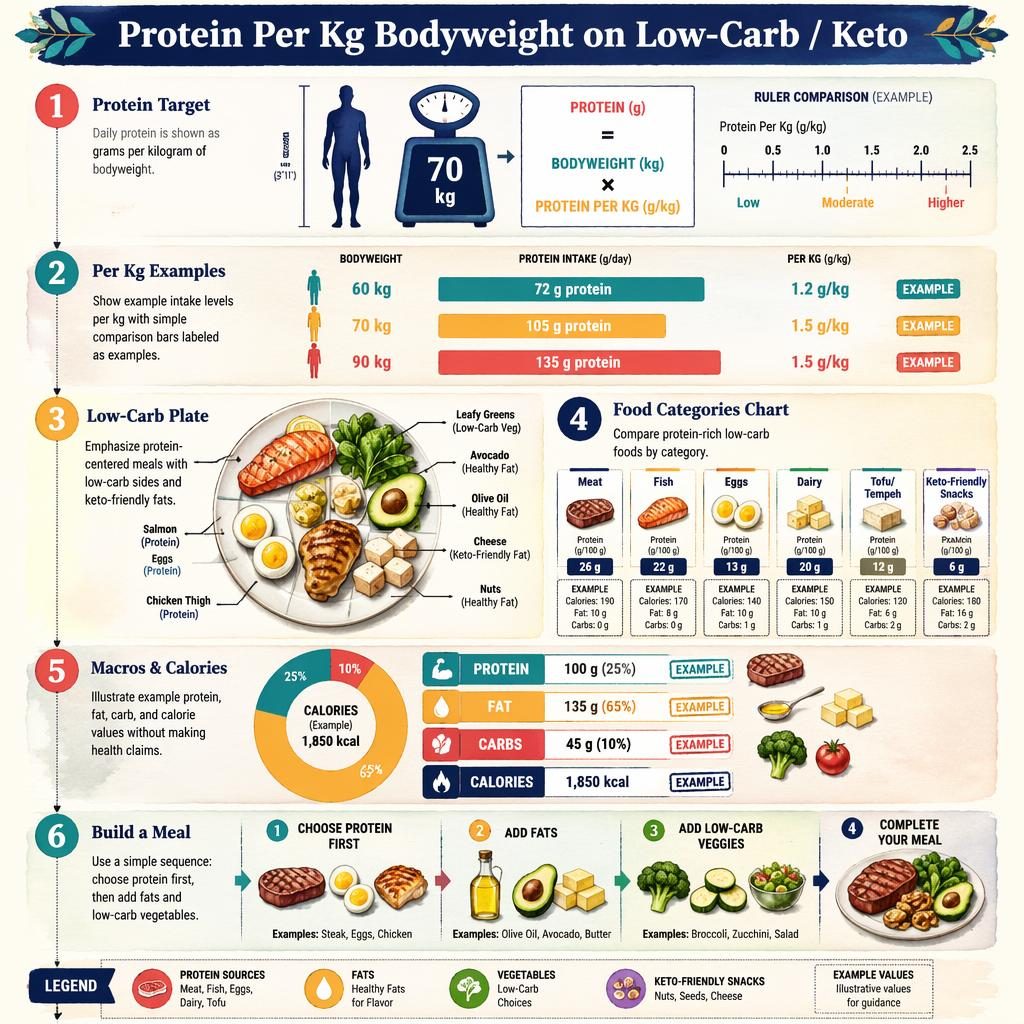 Portrait keto infographic poster with 6 numbered sections on protein per kg, meal plate, macros, and food categories chart.