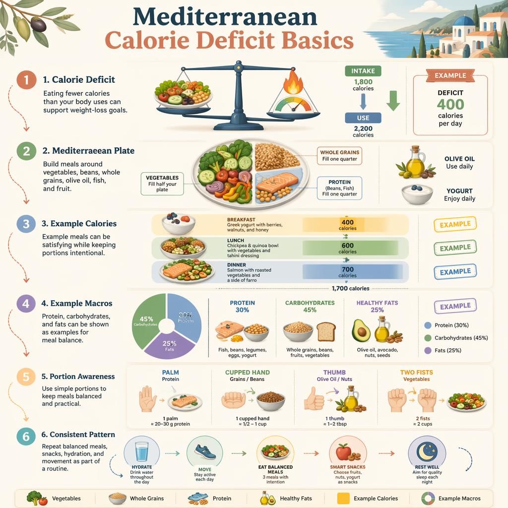 Pastel vertical nutrition infographic showing 6 Mediterranean calorie deficit steps, meal cards, macro chart, portions, and legend.