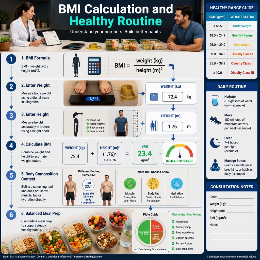 Infografik i stående format med 6 steg för bmi beräkning, vuxna vid köksbänk, våg, längdskala och meal prep.