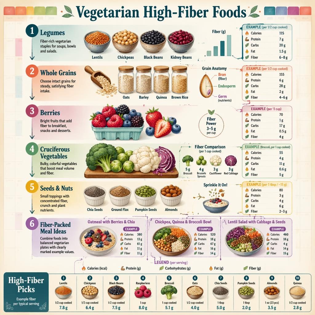 Portrait infographic poster of vegetarian high-fiber foods with 6 numbered sections, arrows, bowls, grains, berries, veggies, seeds and meal ideas.