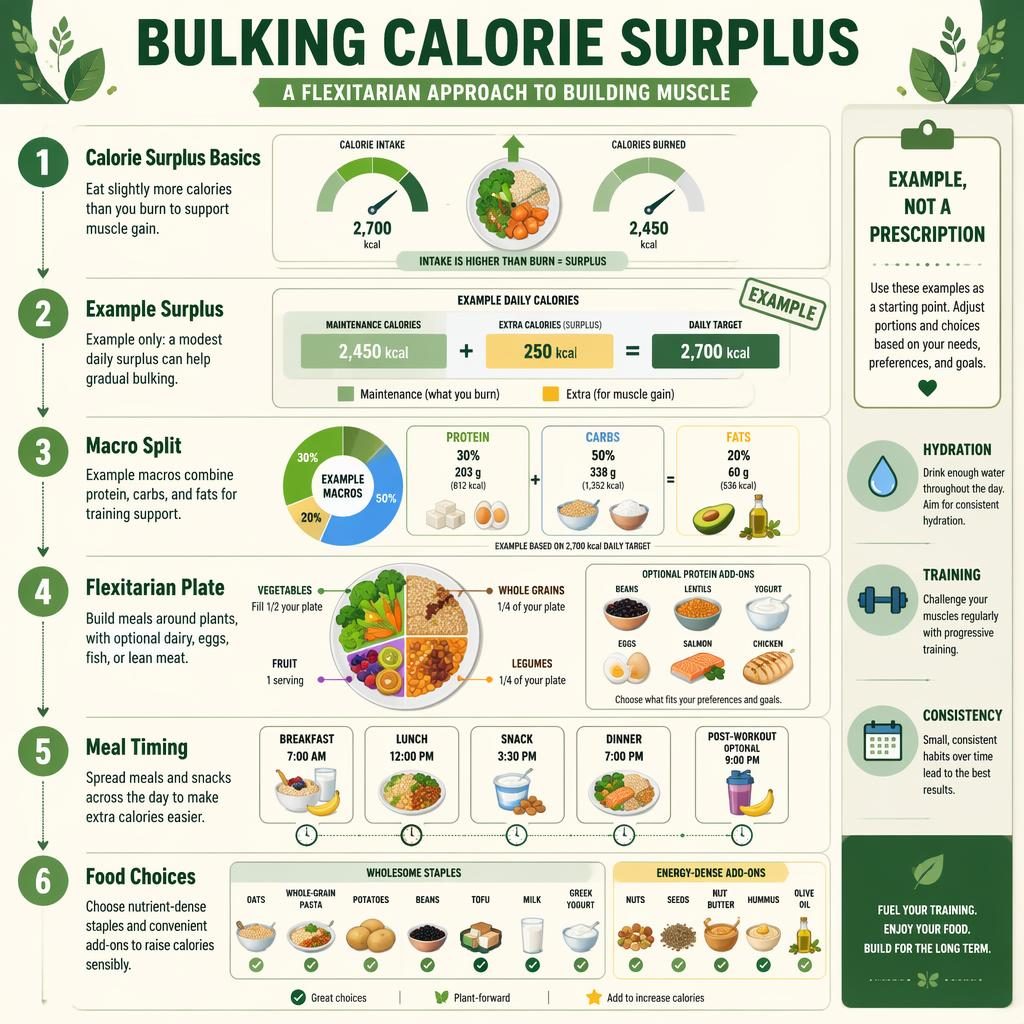 Portrait nutrition infographic with 6 green dashboard steps on calorie surplus, macros, flexitarian plate, timing, foods, and note panel.