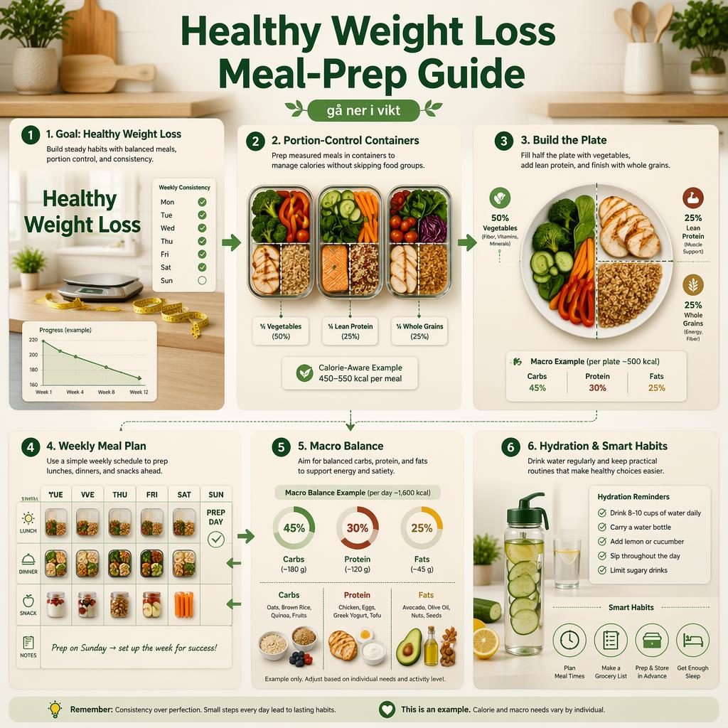 Liggande infografik i grönt och kräm med 6 paneler om meal-prep för att gå ner i vikt på en ren köksbänk.