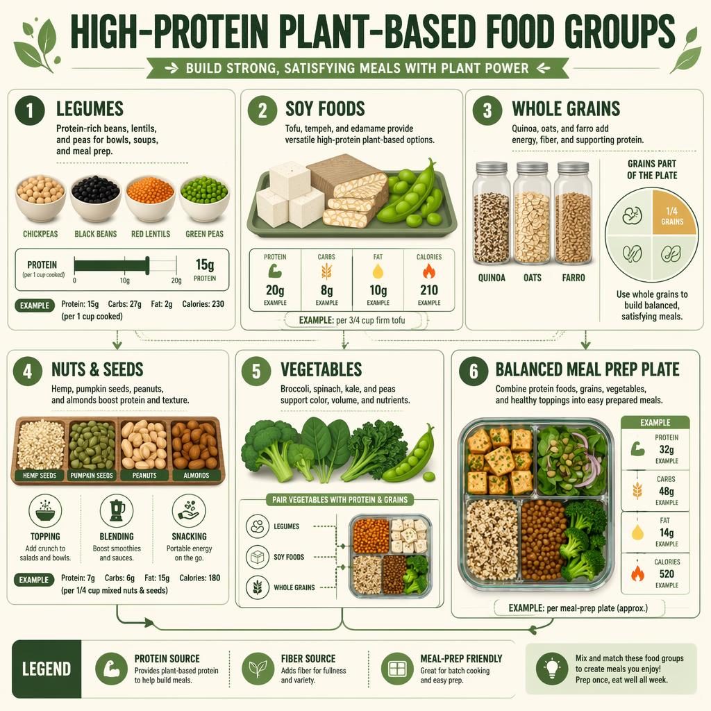 Porträt-Infografik zu pflanzlichen Proteinquellen mit 6 nummerierten Bereichen, Pfeilen, Beispiel-Makros und Meal-Prep-Boxen.