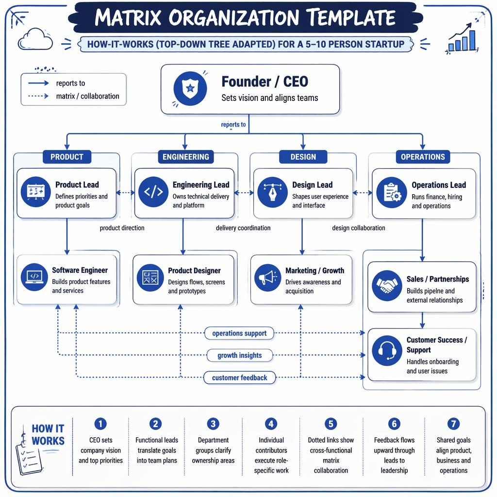 Saubere Startup-Infografik als top-down Org-Chart mit CEO, Leads, Rollenboxen, Pfeilen, Legende und Matrix-Links.