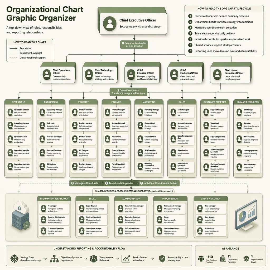 Isometric 3D organizational chart graphic organizer with CEO, executives, departments, reporting lines, and legend.