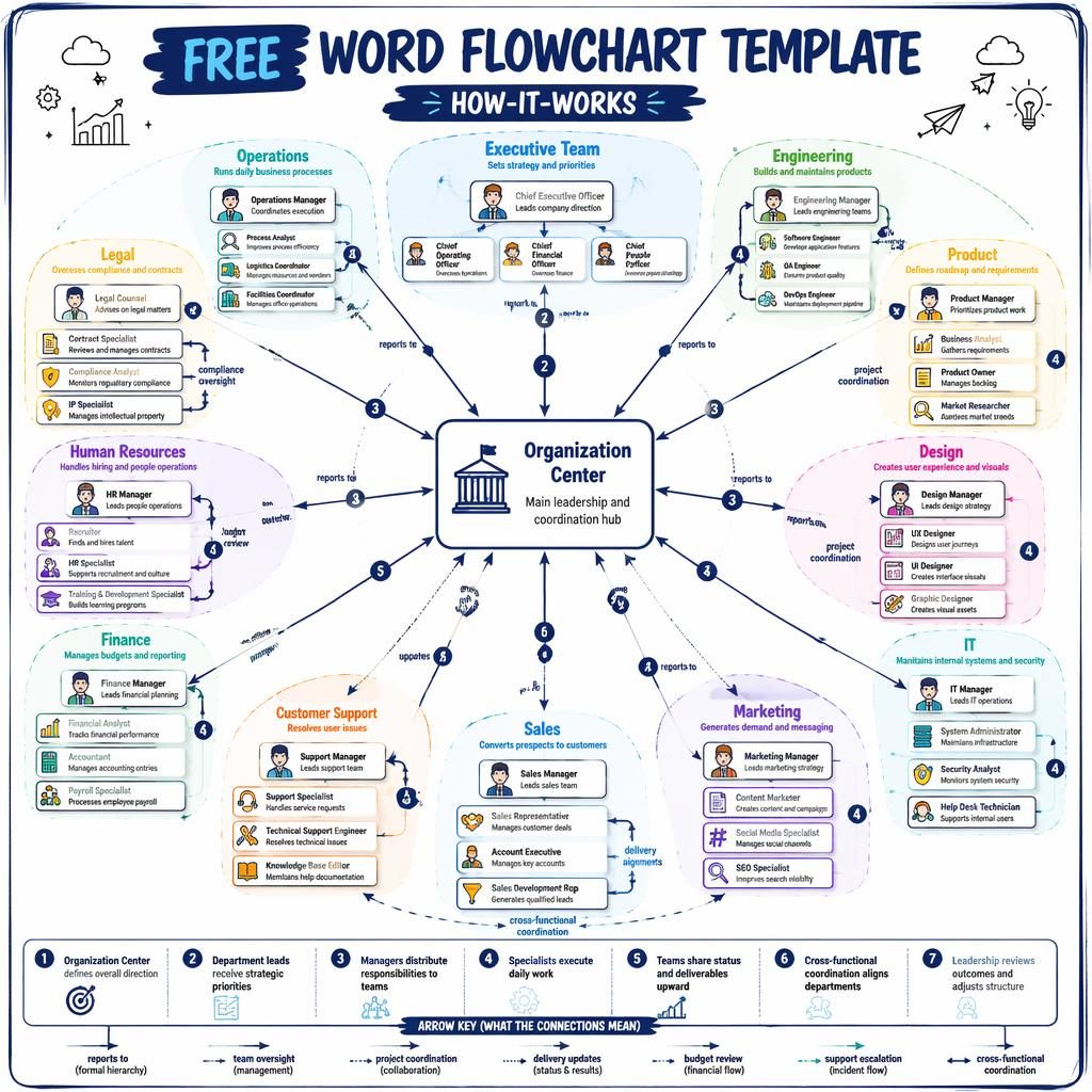 Infographie d’architecture tech en organigramme radial avec centre, départements, flèches hiérarchiques et avatars cartoon