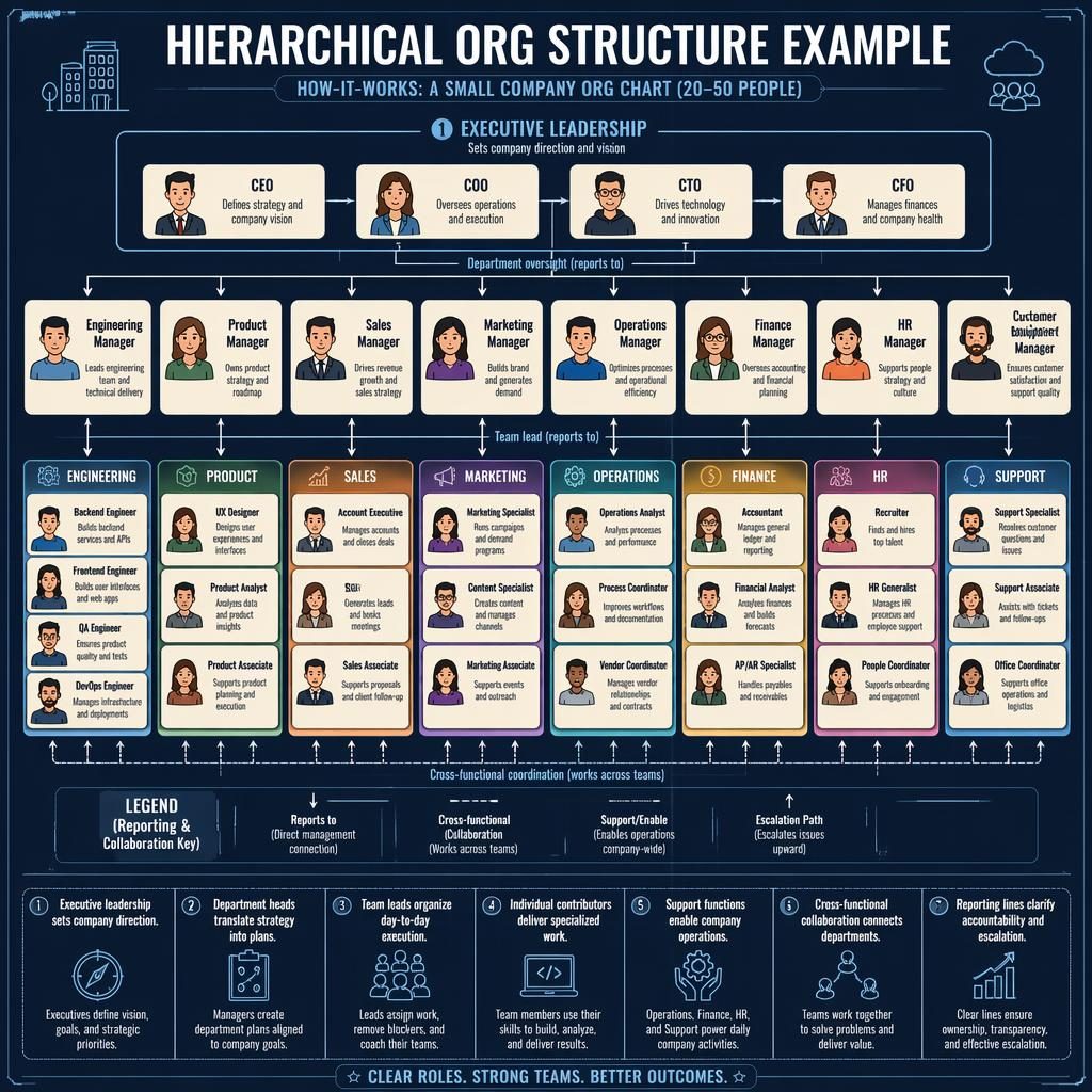 Blueprint-style hierarchical org structure example with executive, department, and team role boxes linked by arrows.