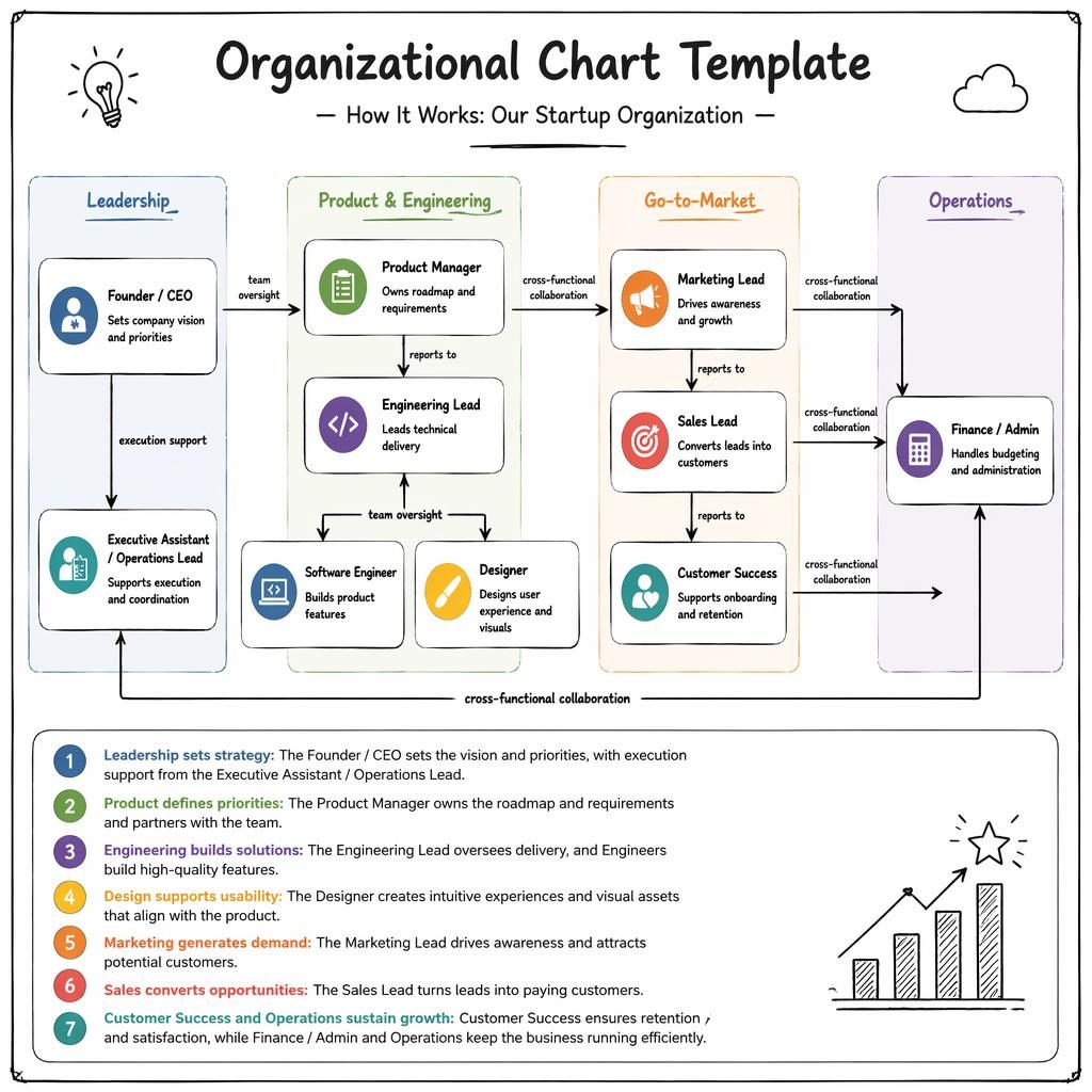 Infografik eines links-nach-rechts Startup-Organigramms mit Rollenboxen, Pfeilen, Abteilungsclustern und Legende 1–7.