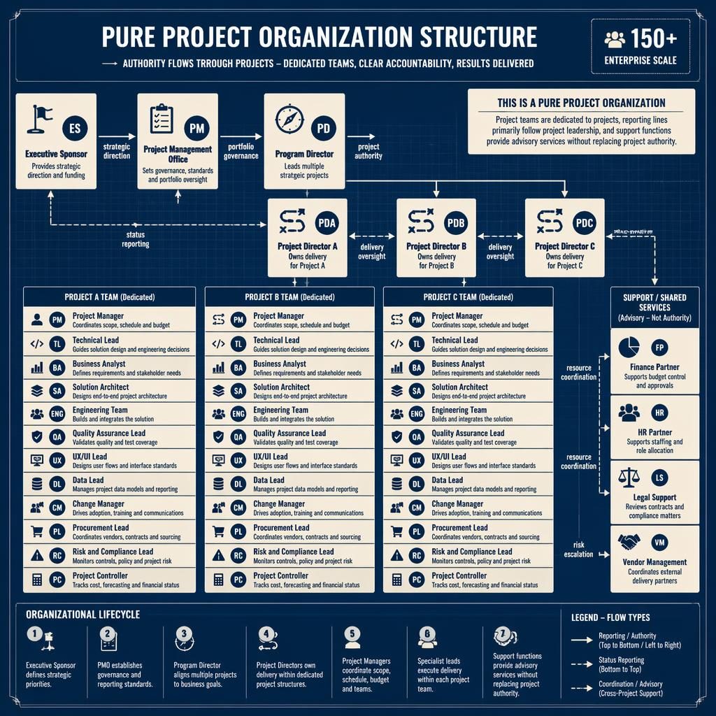 Blueprint-style pure project organization structure org chart with left-to-right project hierarchy, support teams, arrows, and legend.