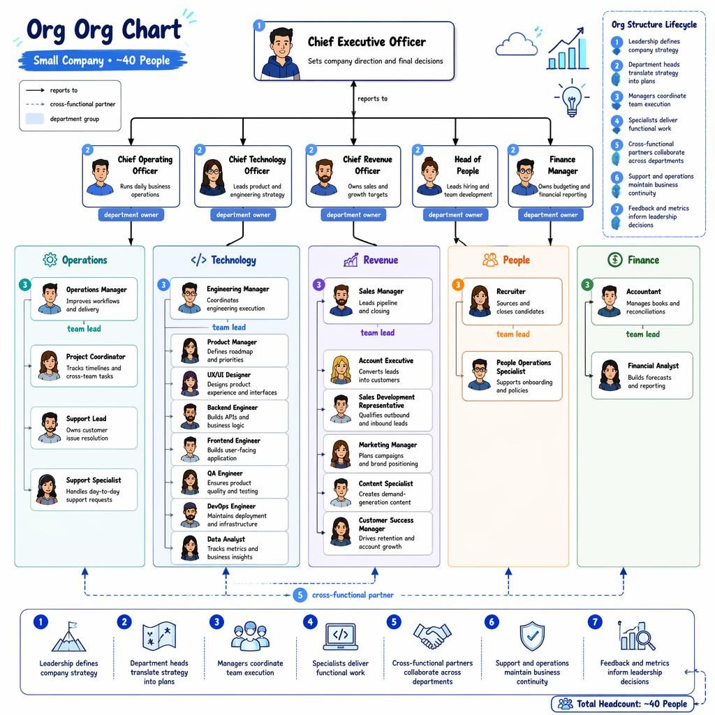 Top-down org org chart infographic with leadership, technology, revenue, operations, people, and finance teams.