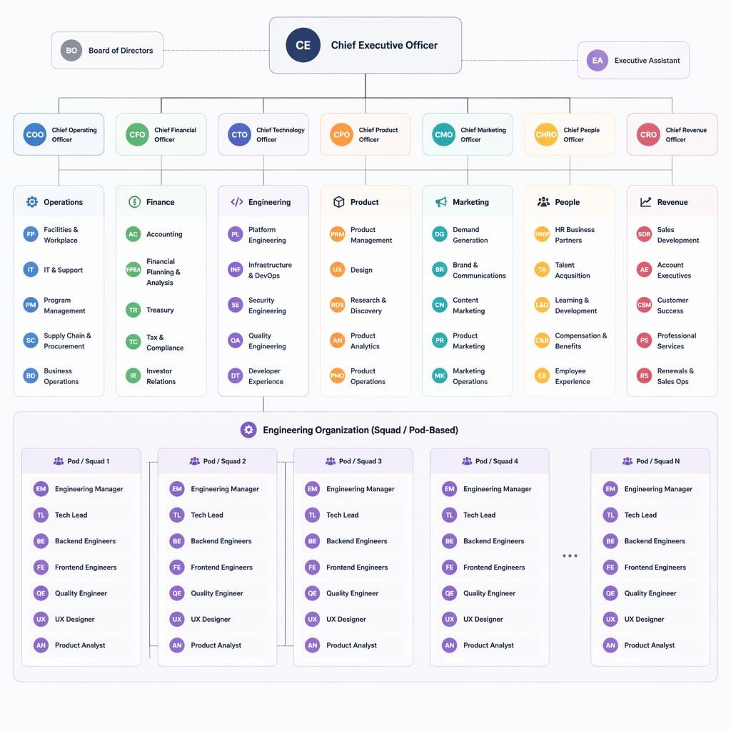 Classic corporate org chart showing a typical SaaS company org chart with grouped departments, pod-based teams, initials avatars, and reporting lines.