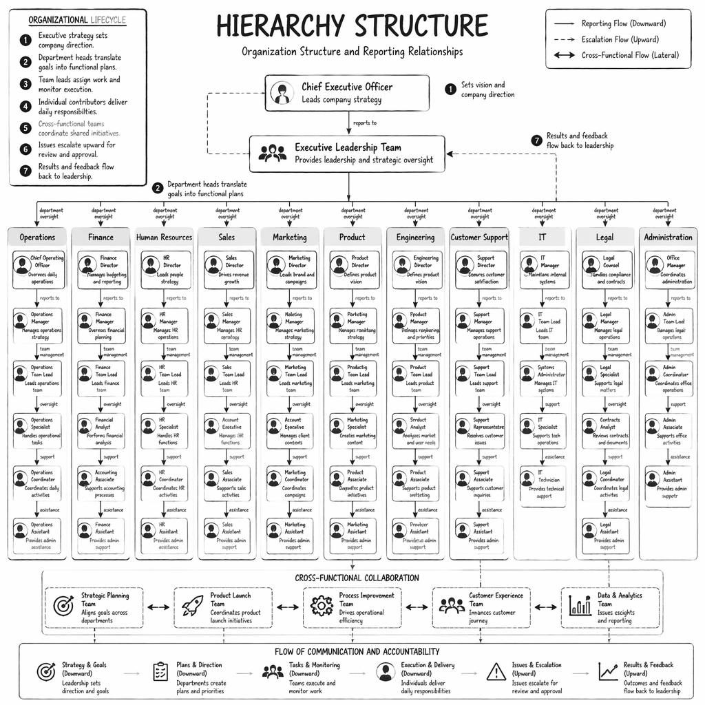 Monochrome hierarchy structure infographic with left-to-right org chart, department boxes, arrows, role labels, and 1-7 legend.