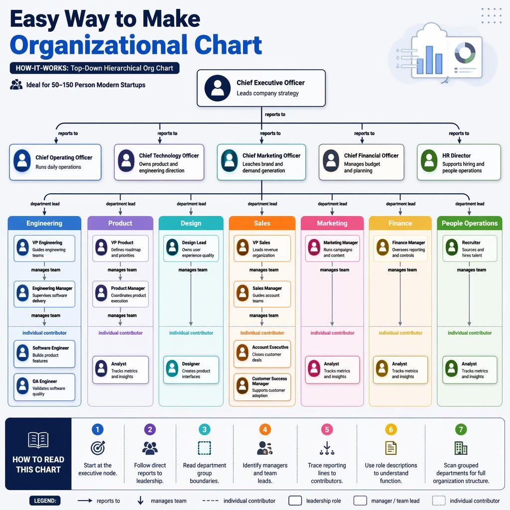 Top-down org chart infographic with grouped departments, role boxes, arrows, and legend for a modern startup.