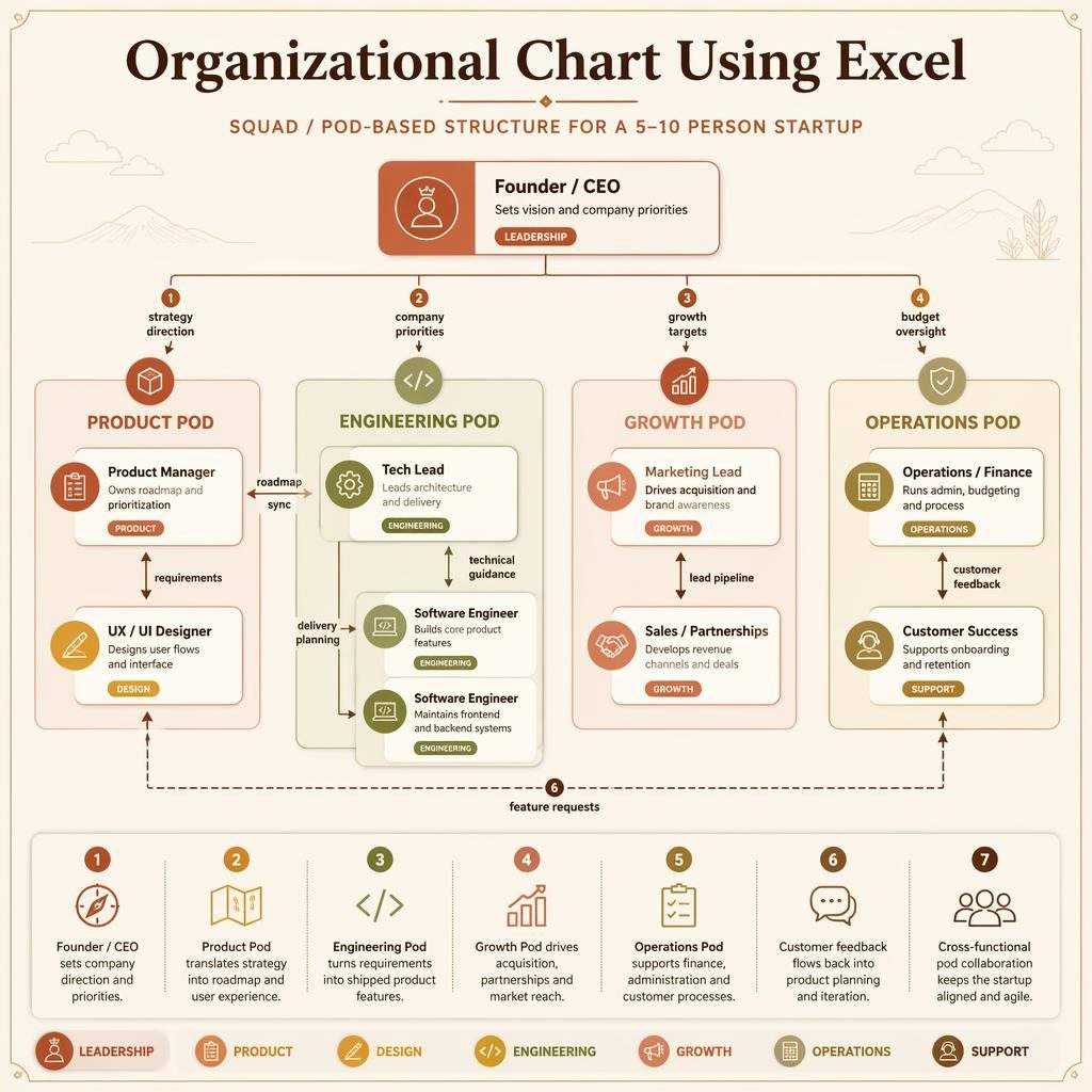 Warm earth infographic organizational chart using excel showing CEO, product, engineering, growth, and operations pods