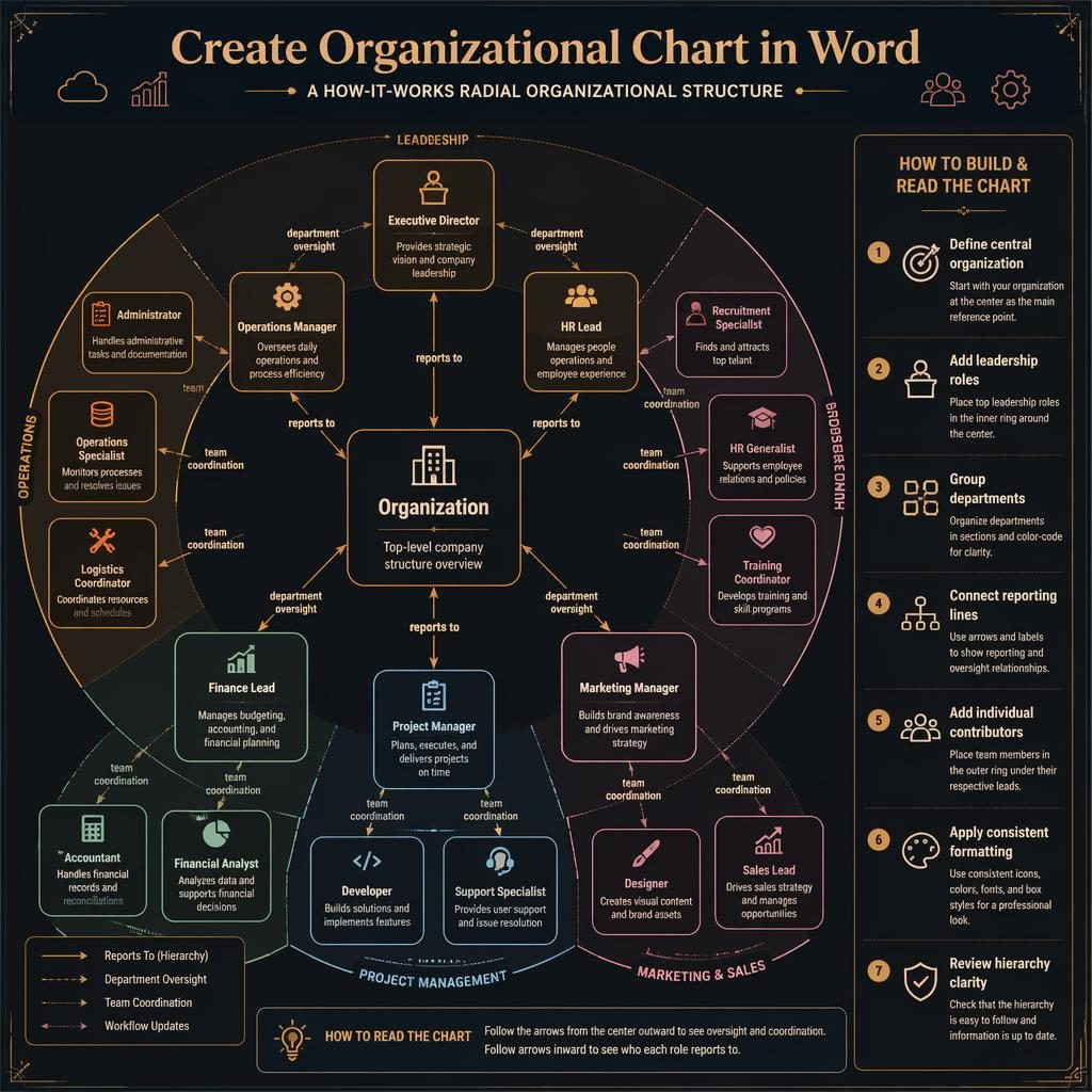 Radial org chart infographic showing Organization hub, department roles, reporting arrows, and 1-7 Word guide.
