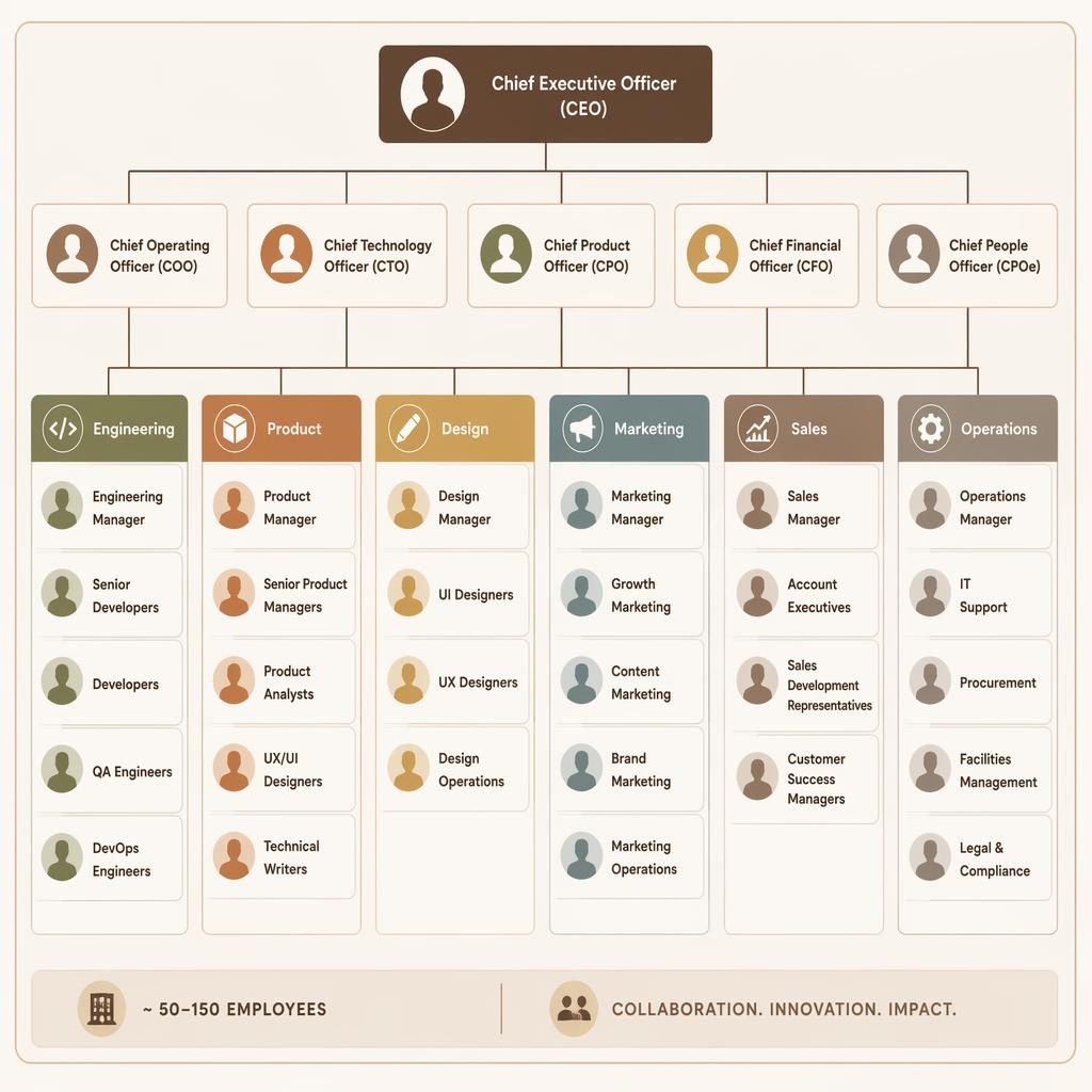 Flat departmental org chart for a mid-size software company with grouped roles, reporting lines, and silhouette monogram avatars.