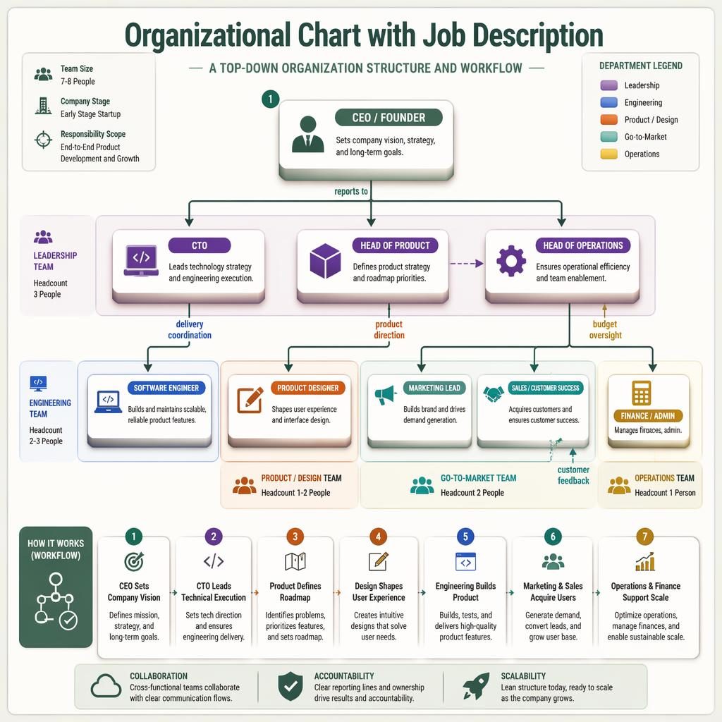 Isometric startup organizational chart with job description, top-down boxes, arrows, role icons, legend, and color-coded departments.
