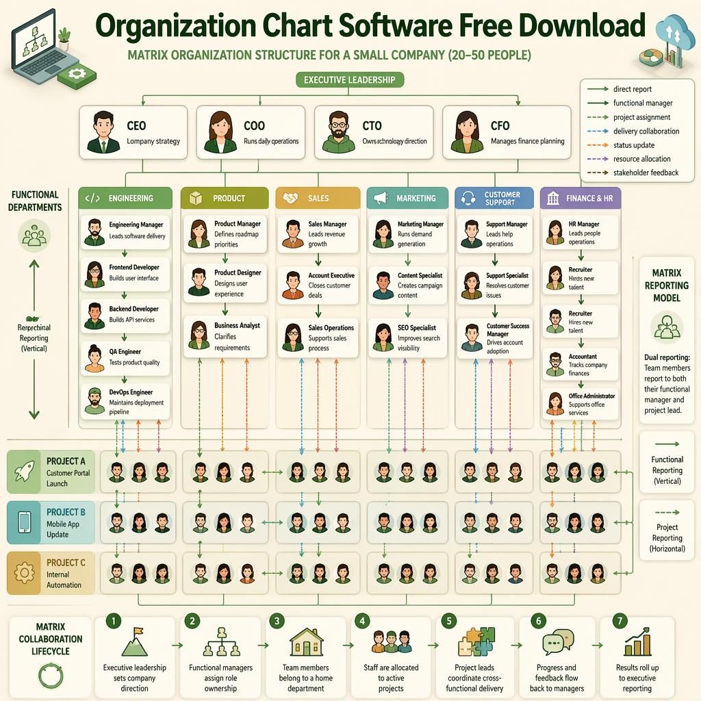 Isometric matrix org chart infographic with executives, departments, project teams, arrows, role boxes, avatars, and legend.
