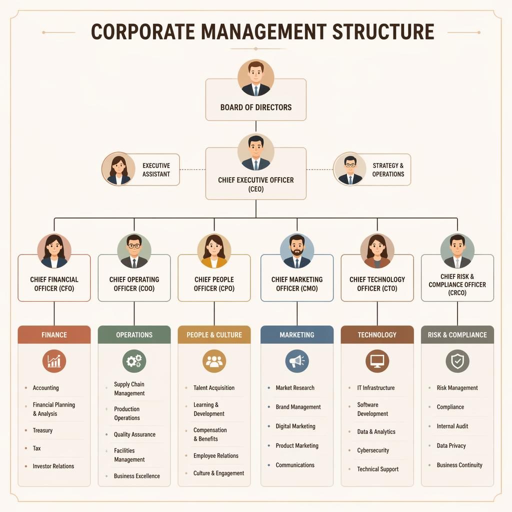 Illustrated corporate management structure chart with grouped departments, cartoon avatars, sharp role titles, and reporting lines.