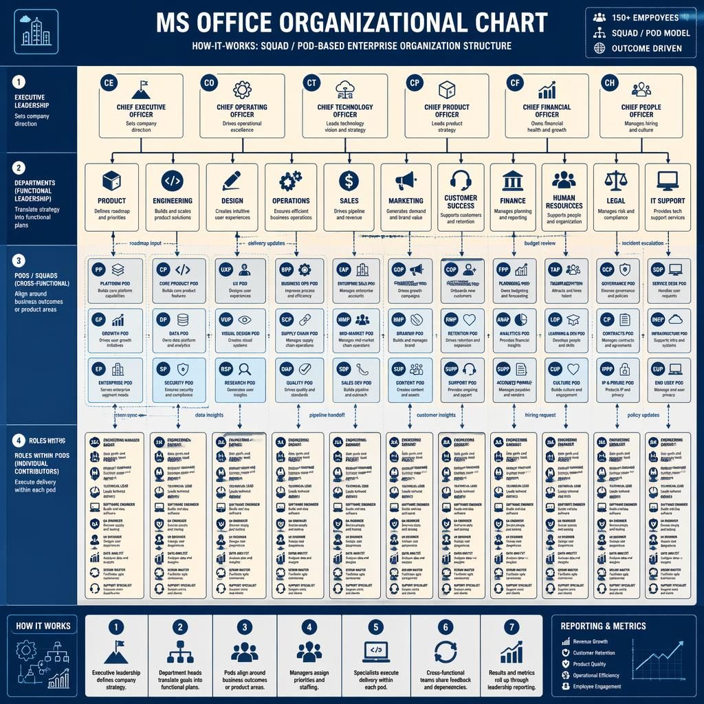 Blueprint-style MS Office organizational chart showing executive leaders, departments, pods, roles, arrows, legend, and initials.