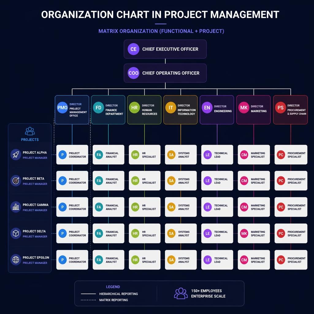 Modern matrix org chart with grouped departments, role-title nodes, initials avatars, and reporting lines for project management.