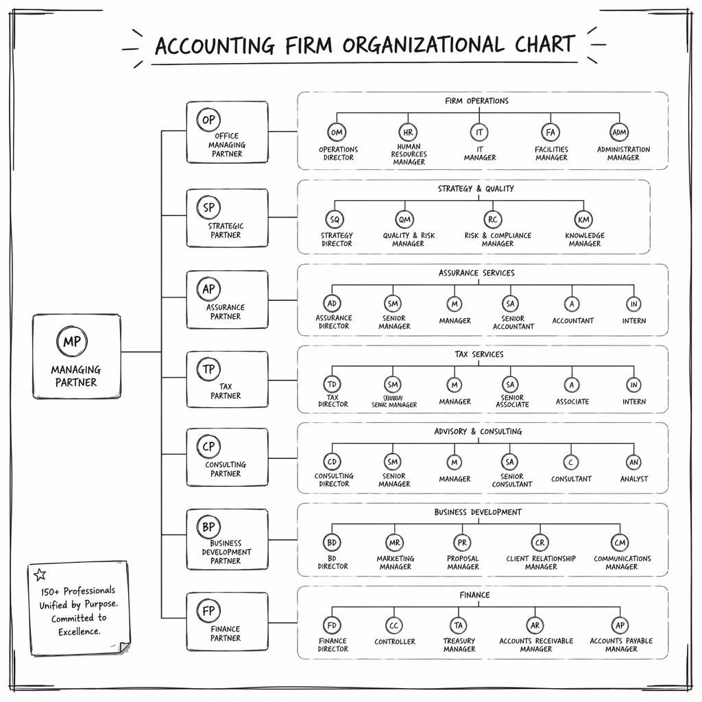 Hand-drawn whiteboard org chart showing an accounting firm organizational chart in a left-to-right tree with grouped roles.
