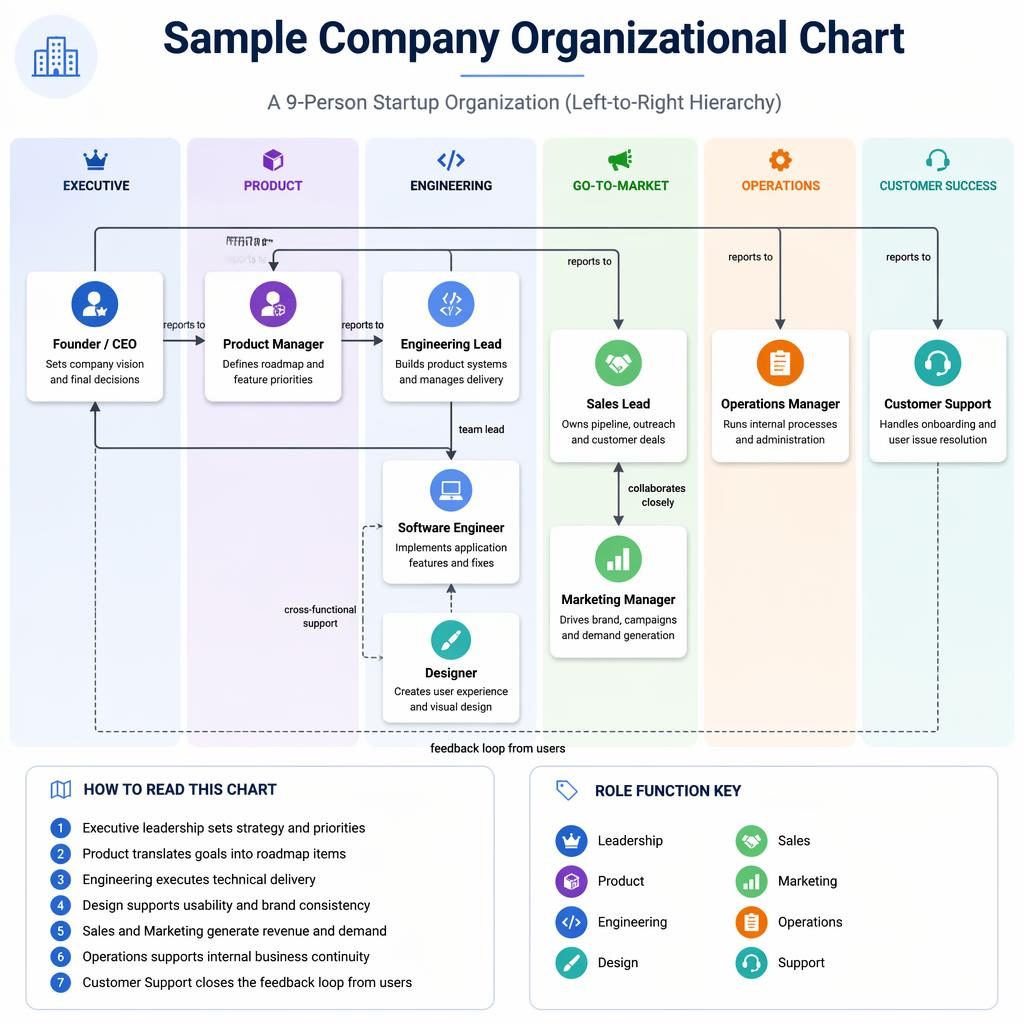 Left-to-right startup org chart infographic with labeled role boxes, reporting lines, department groups, and legend.