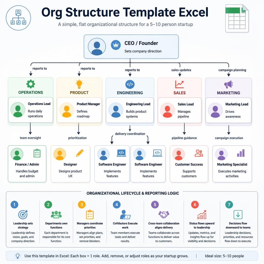 Corporate infographic org chart for a startup with CEO, departments, role boxes, reporting lines, and numbered legend.