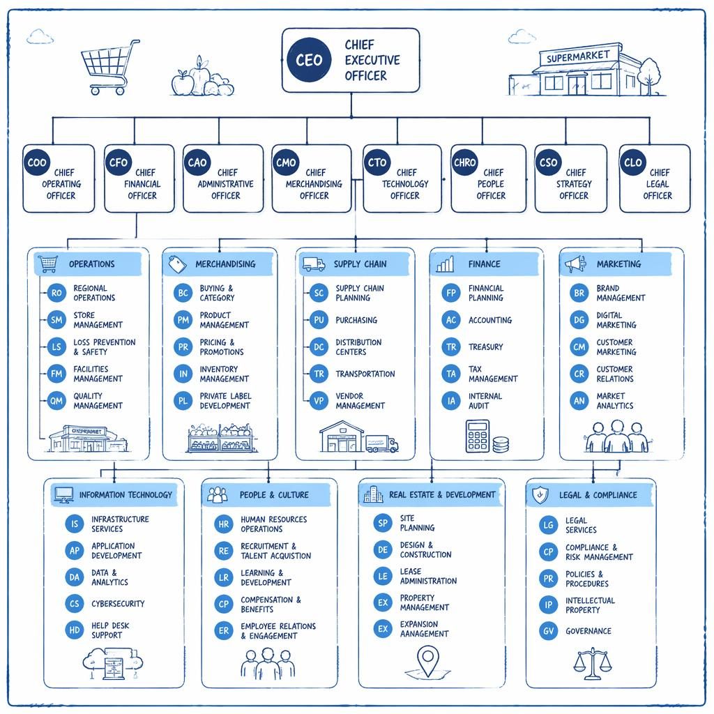 Top-down supermarket chain organizational chart with grouped departments, sharp role titles, blue sketchnote style, initials avatars.