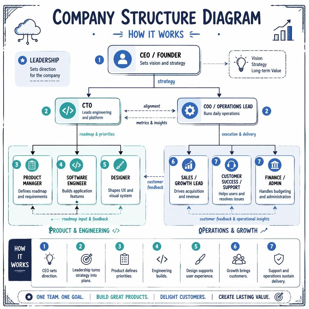 Top-down company structure diagram with startup roles, labeled boxes, arrows, legend, and color-coded departments.