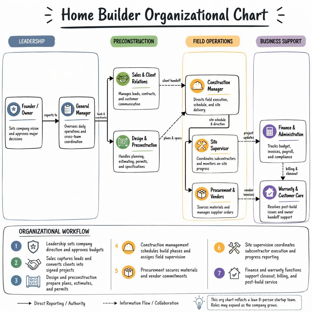 Left-to-right home builder organizational chart with 9 role boxes, reporting lines, grouped departments, and workflow legend.