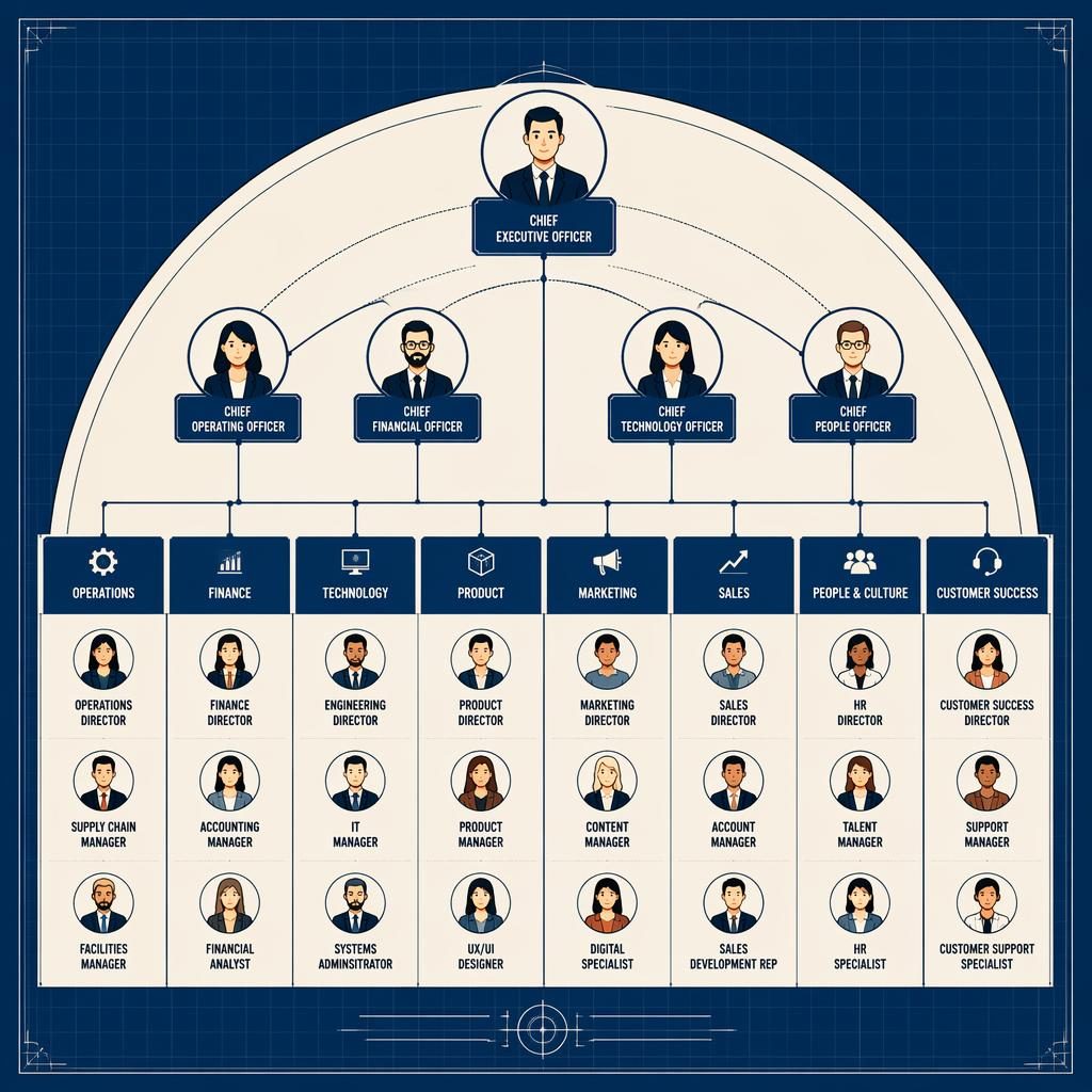 Blueprint-style half circle organization chart infographic with cartoon avatars, grouped departments, and navy cream reporting lines