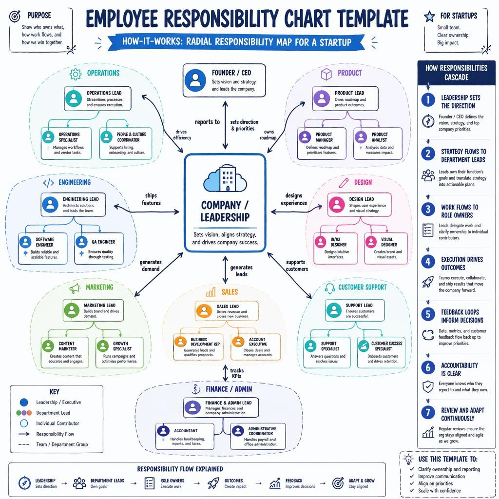 Radial startup org chart infographic with leadership hub, color-coded department roles, arrows, icons, and 1-7 legend.