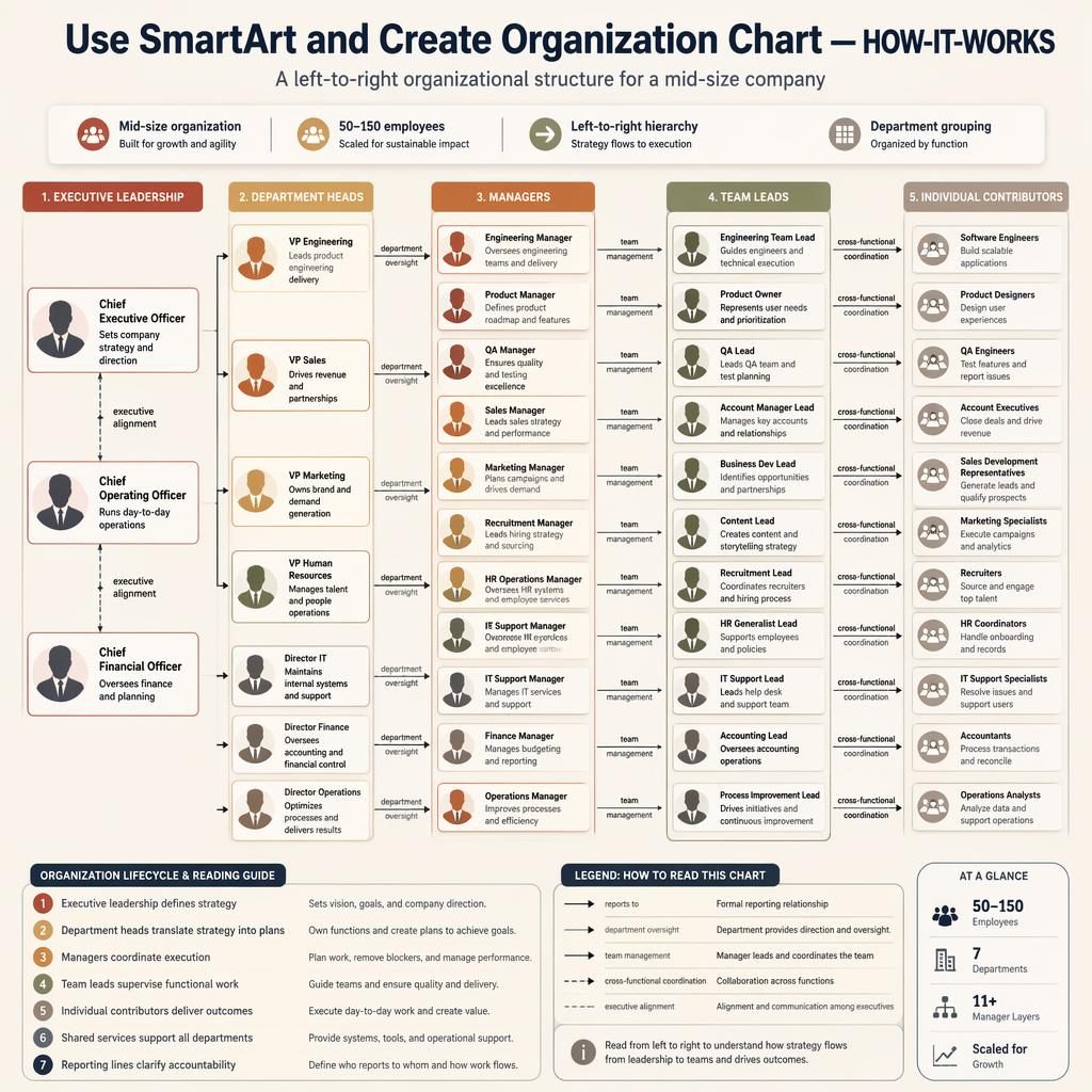 Tech org chart infographic with left-to-right hierarchy, labeled role boxes, arrows, department groups, legend, and metrics.