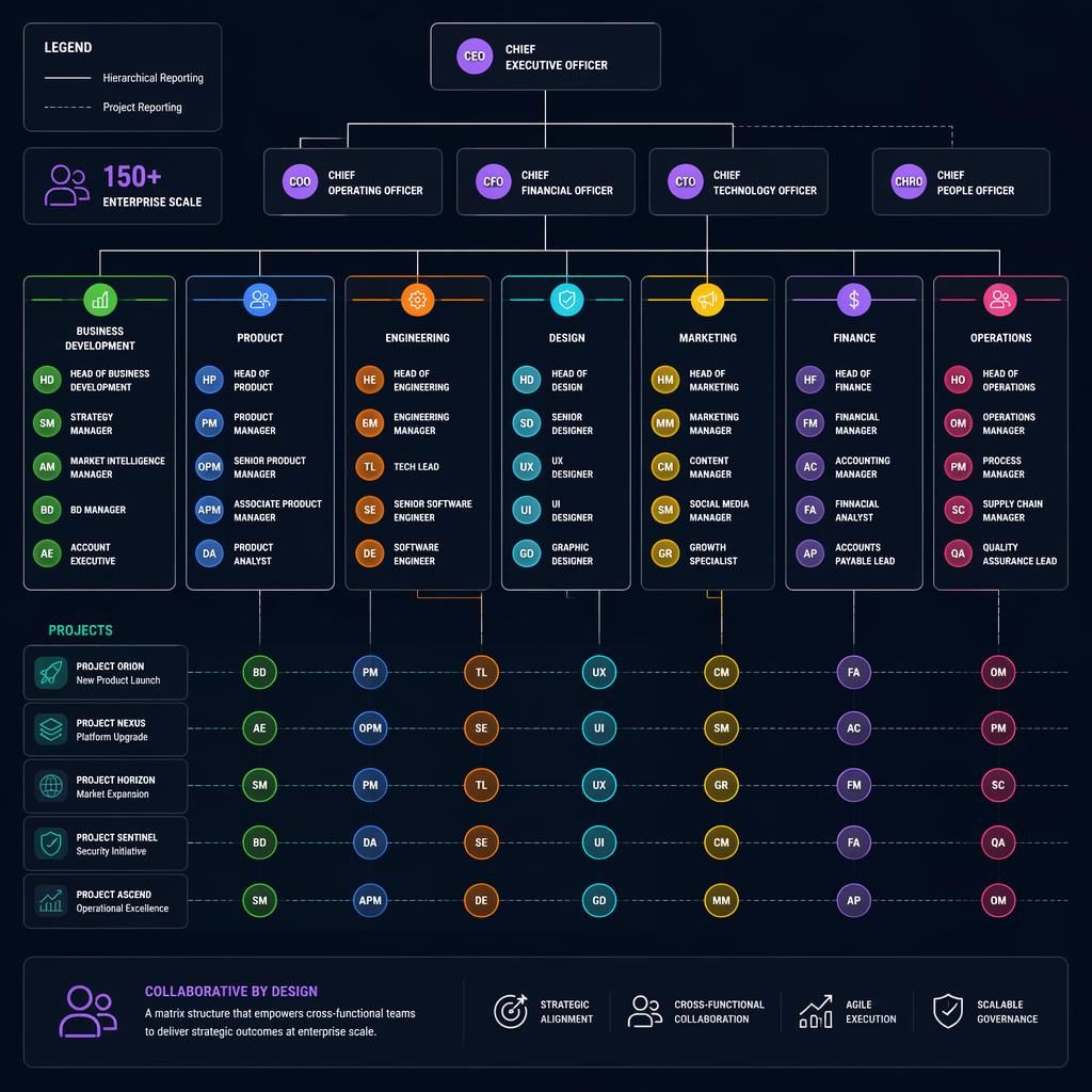 Modern matrix org chart infographic with grouped departments, sharp role titles, reporting lines, and circular initials avatars.