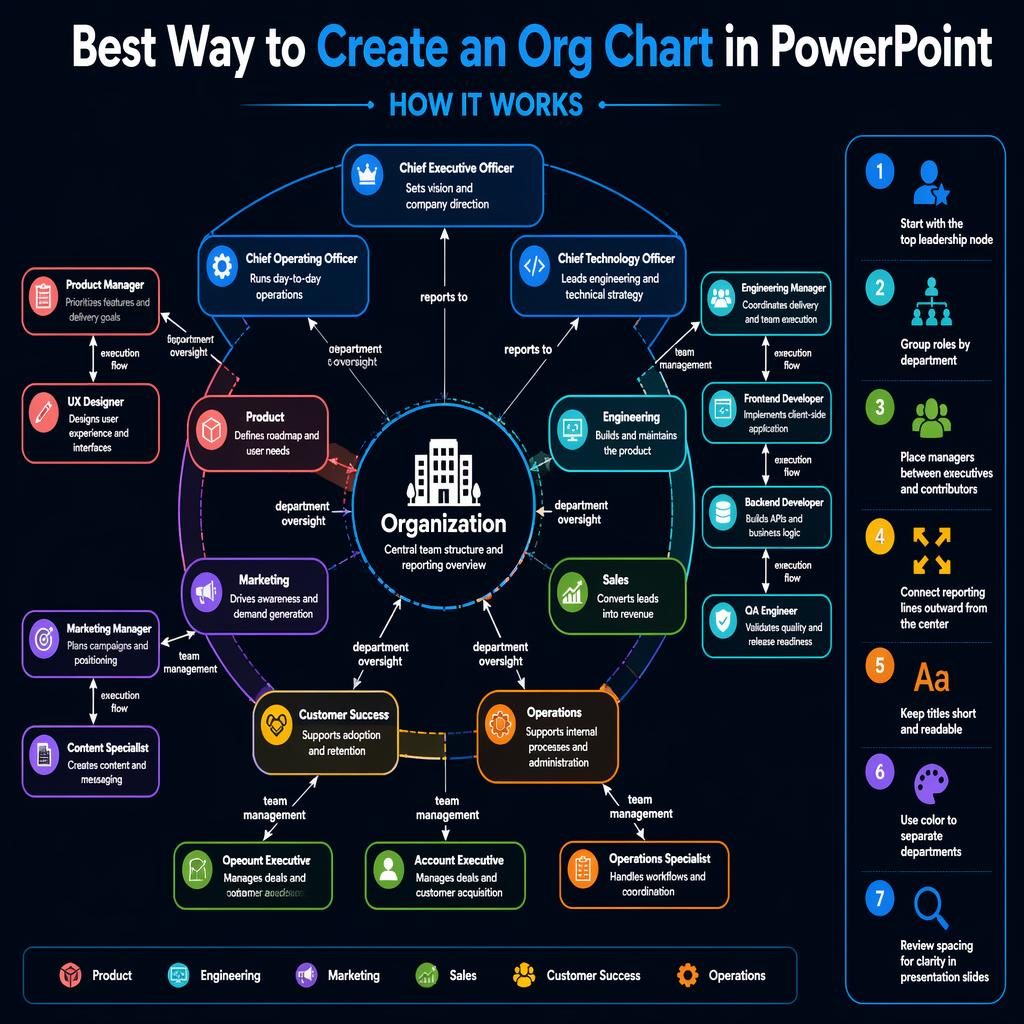 Radial org chart infographic with Organization hub, executive ring, department clusters, arrows, and a 1-7 PowerPoint legend.