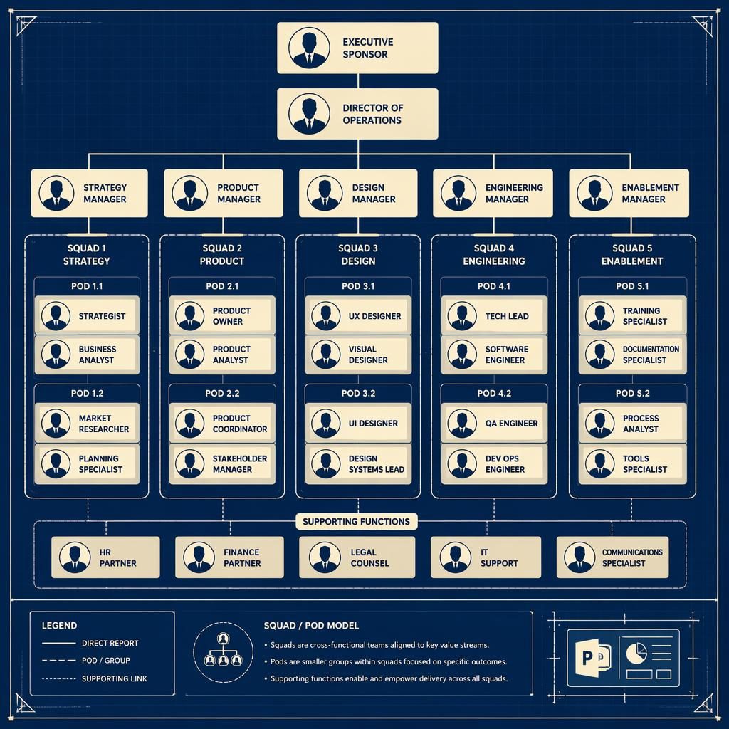 Org chart for creating an organization chart in powerpoint. Layout: squad / pod-based. Roles / departments: creating an 